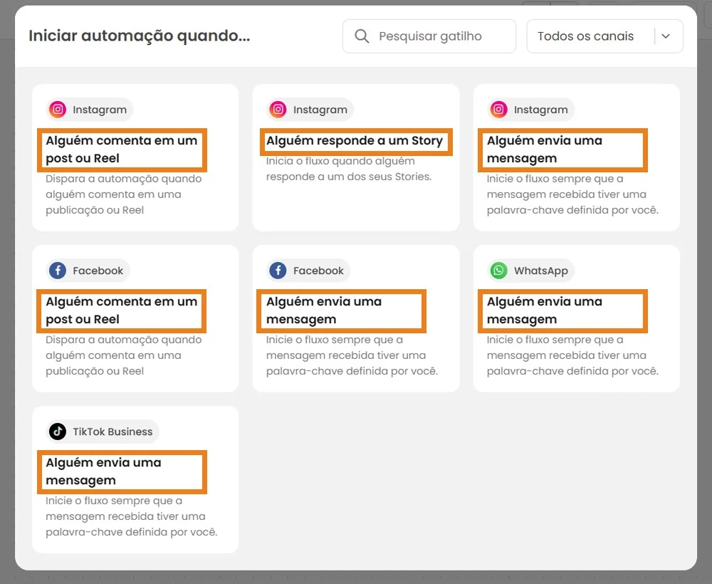automação mlabs chat 5 Opções de gatilho, como "Alguém comenta em um post ou Reel" e "Alguém responde a um Story".