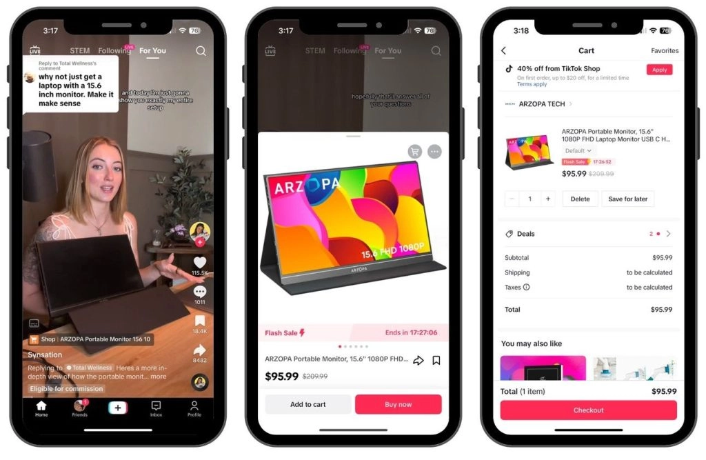 tiktokshop Três telas mostrando como funciona o TikTok Shop