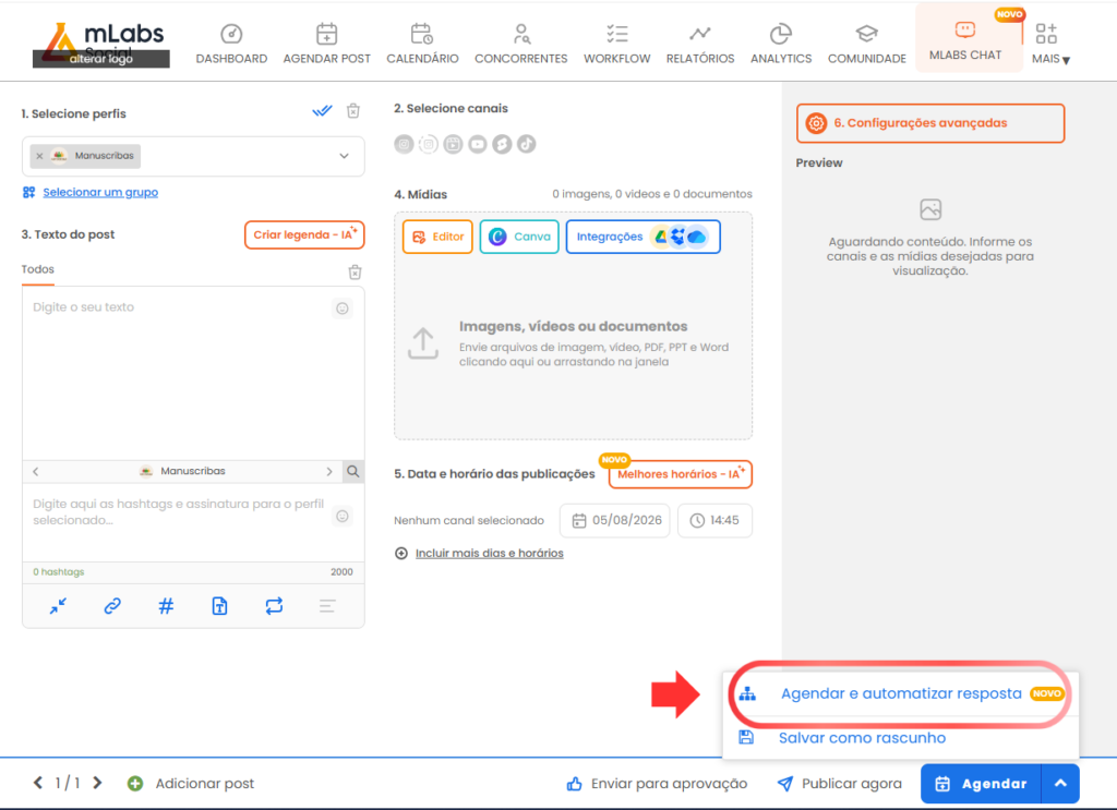 agendar e automatizar opção 'agendar e automatizar resposta' em destaque