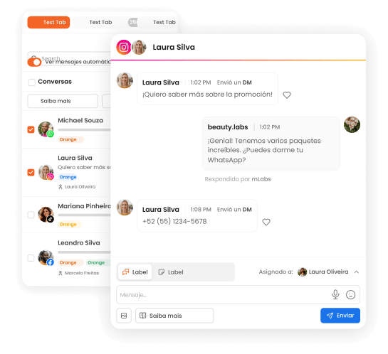 Interfaz de mLabs Chat con bandeja de entrada unificada que muestra una conversación en Instagram y una lista de atenciones para organizar mensajes y leads