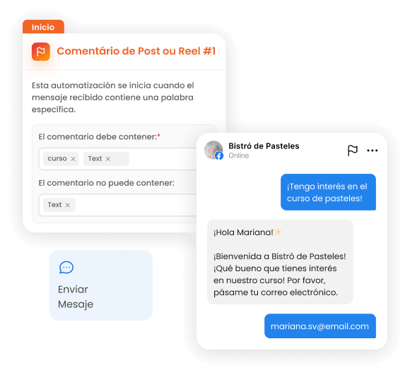 Pantalla de mLabs Chat con automatización por palabra clave y una conversación en Facebook en la que el contacto muestra interés en un curso de pasteles y envía su correo electrónico para recibir atención
