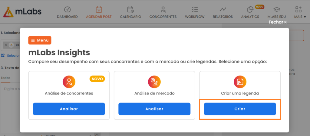 opção de criar legenda destaque para opção "Criar"