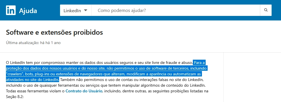 software e extensões proibidos linkedin detaque para o trecho do LinkedIn sobre "Software e extensões proibidos"
