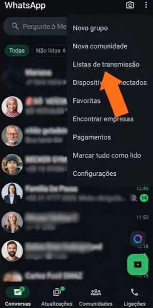 tutorial transmissao 1 na tela: opção "Lista de transmissão" no Whatsapp
