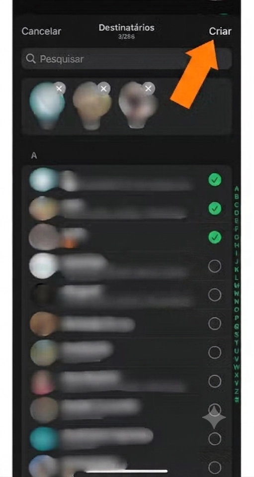 tutorial transmissao 2 na tela: botão "criar" no Whatsapp