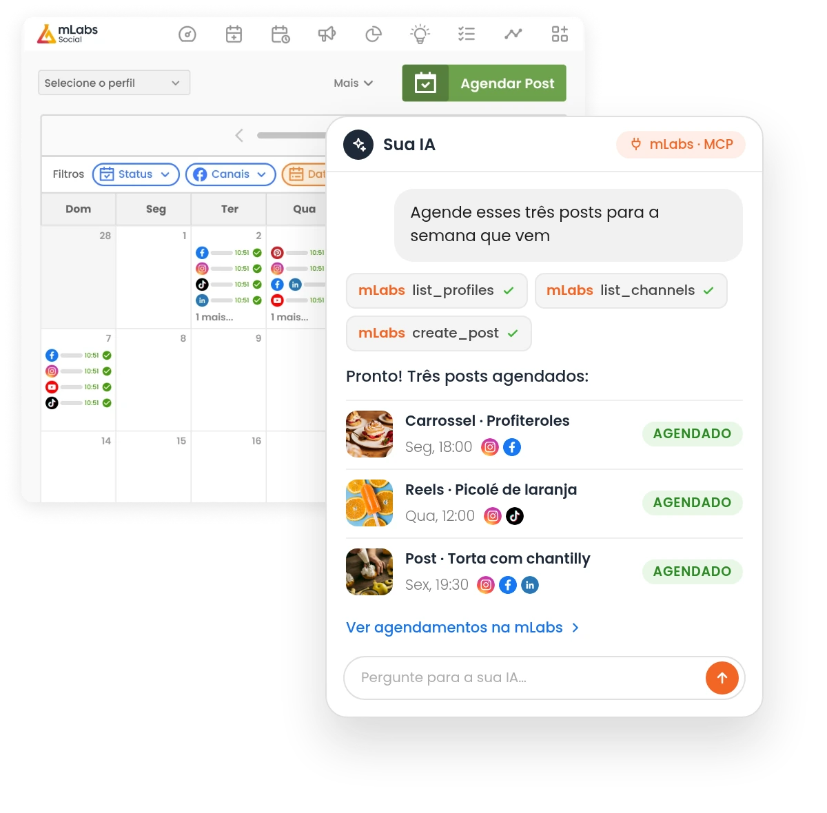 Conversa com uma IA conectada à mLabs pelo MCP agendando três posts, ao lado do calendário da mLabs
